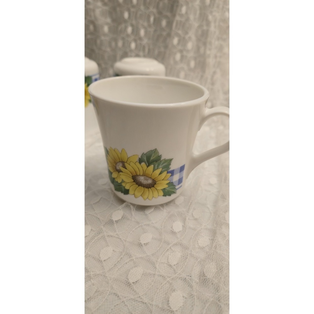 Vintage Corelle Sunsations Sunflower Mugs Set of 4 Blue Gingham Corning USA